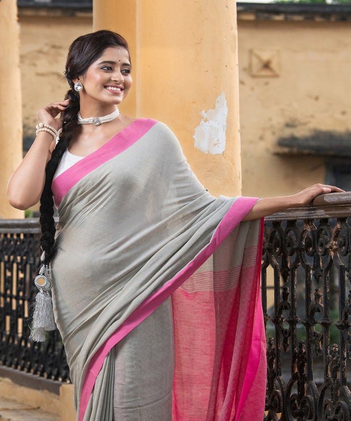 Grey pink cotton handloom bengal saree