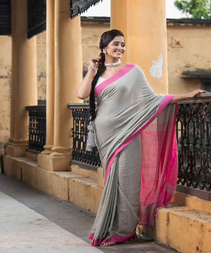 Grey pink cotton handloom bengal saree