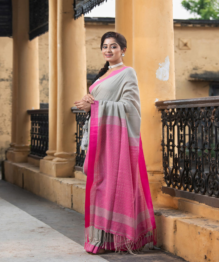 Grey pink cotton handloom bengal saree
