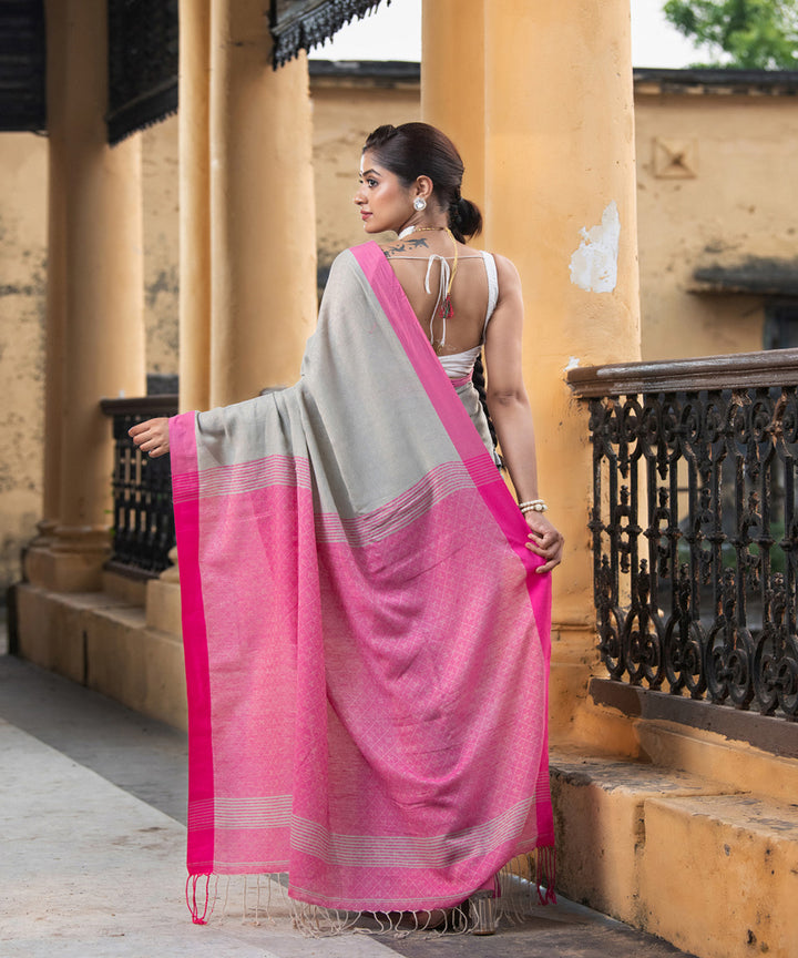 Grey pink cotton handloom bengal saree