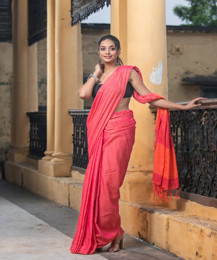 Pink cottonplain handloom bengal saree