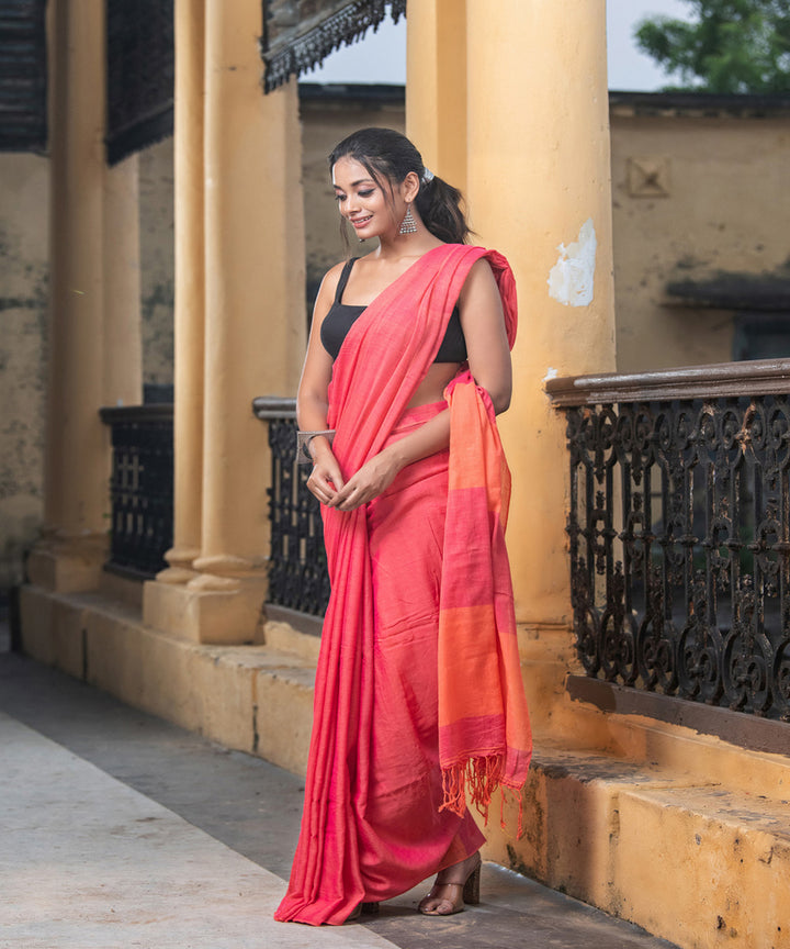Pink cottonplain handloom bengal saree