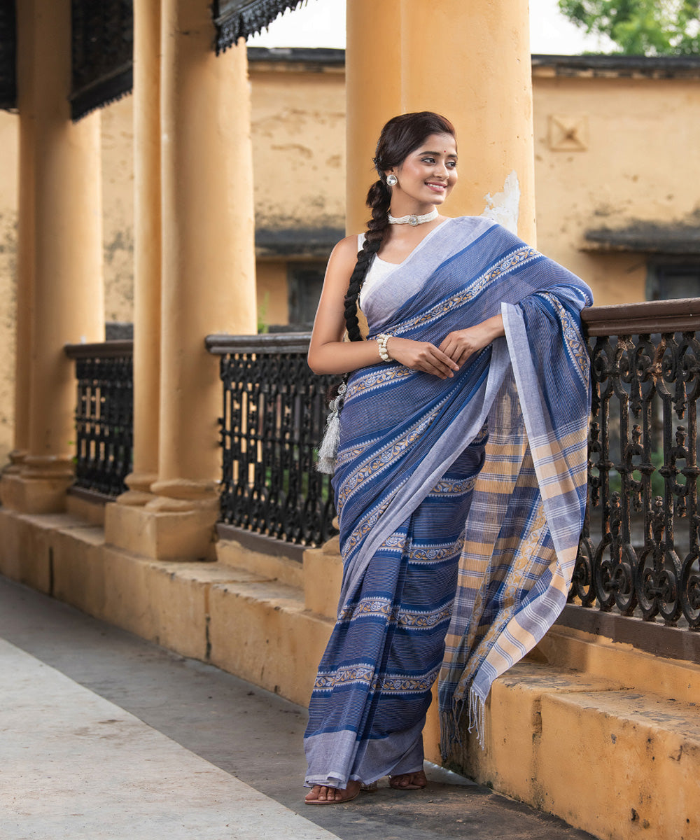 Blue cotton jacquard stripes handloom saree