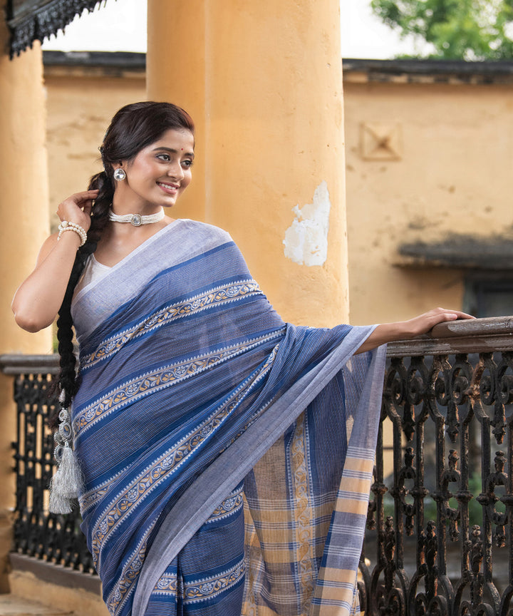Blue cotton jacquard stripes handloom saree