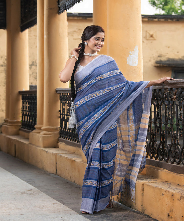 Blue cotton jacquard stripes handloom saree