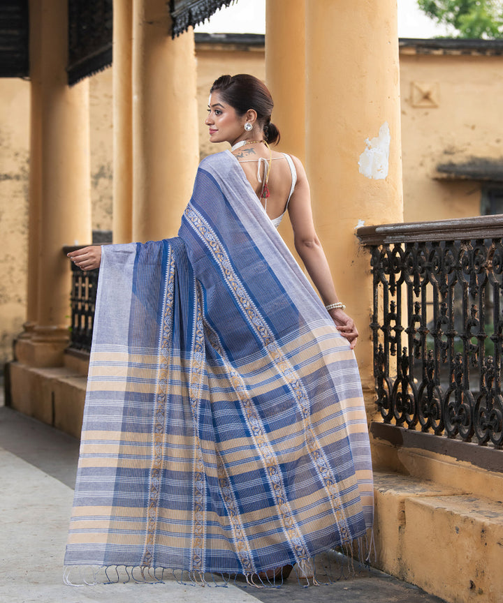 Blue cotton jacquard stripes handloom saree