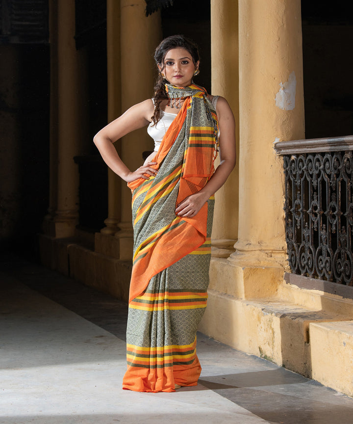 Yellow multicolor cotton stripes jacquard handloom saree