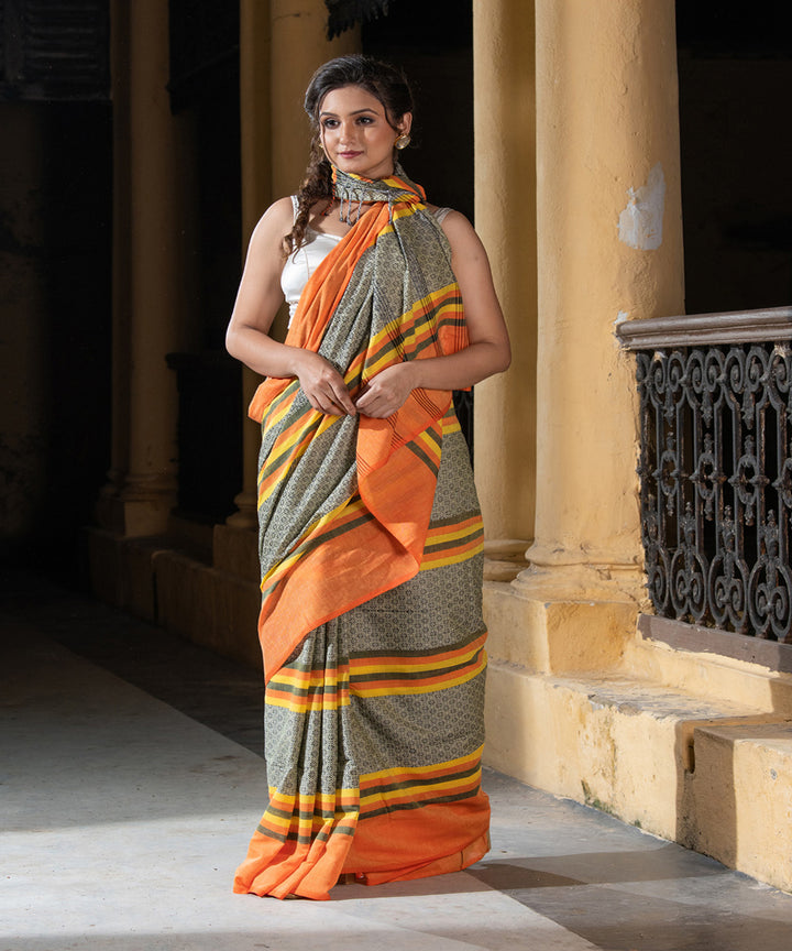 Yellow multicolor cotton stripes jacquard handloom saree