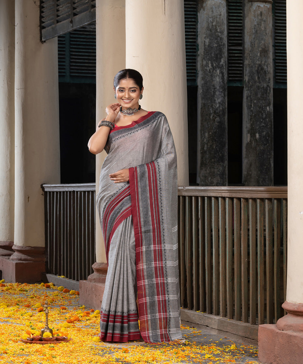 Grey cotton stripes pallu handloom saree