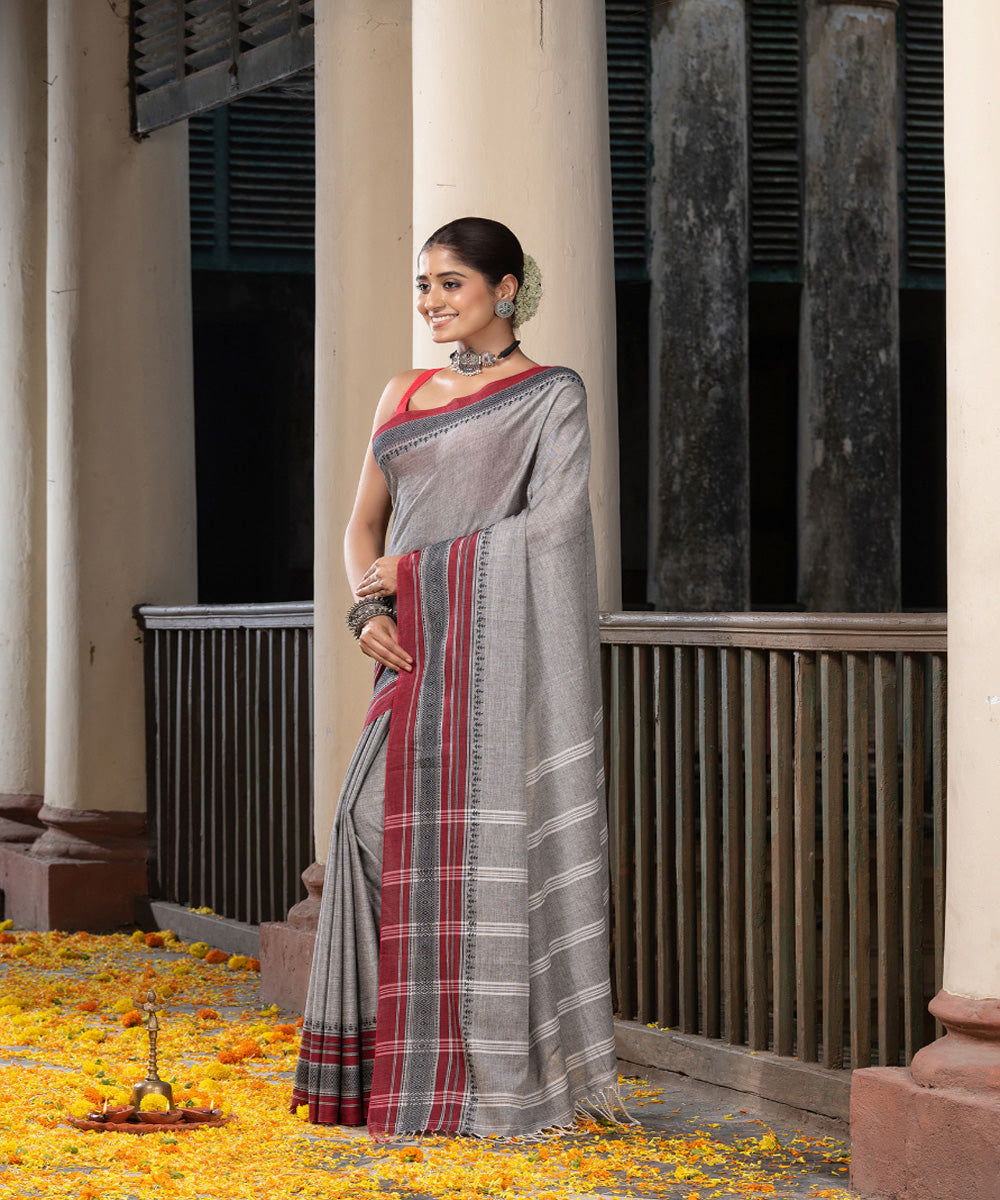 Grey cotton stripes pallu handloom saree