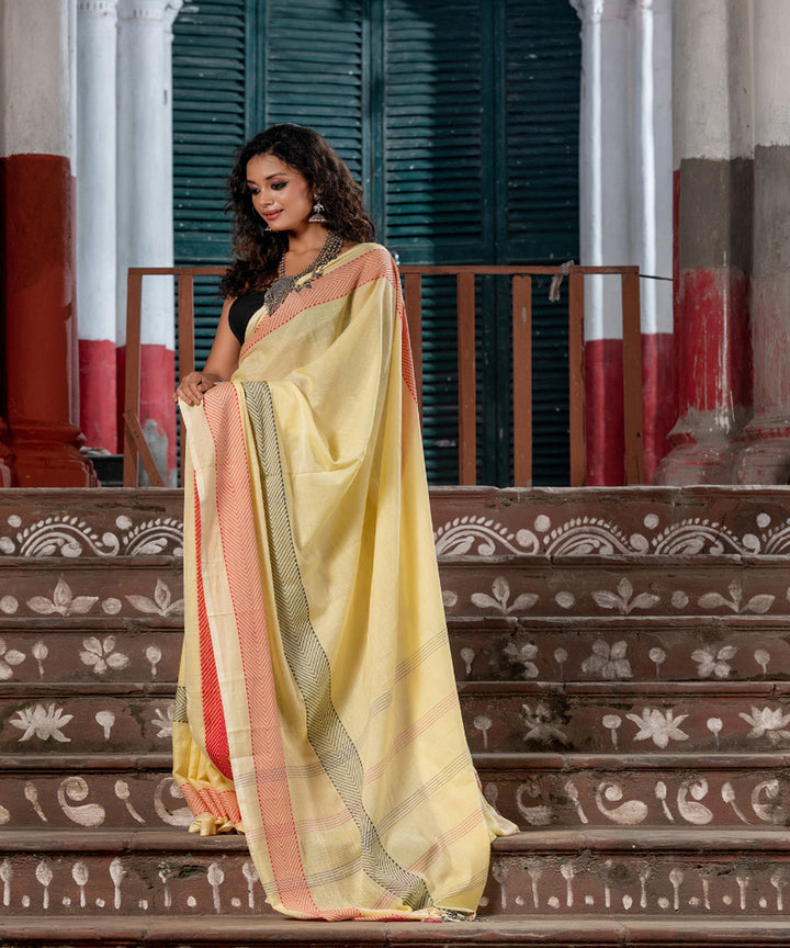Light ivory cotton stripes pallu handloom saree