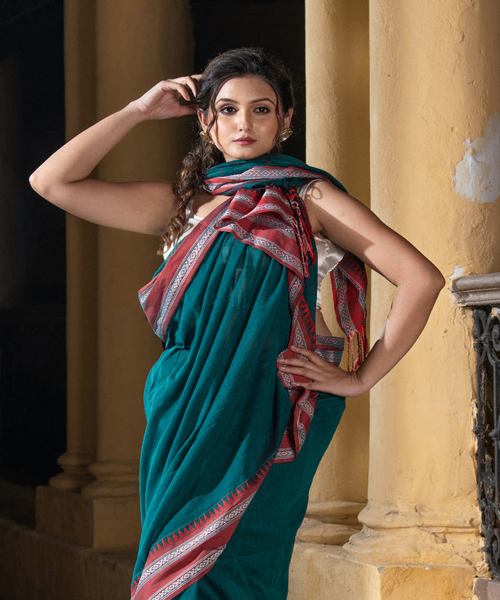Rama green cotton stripes pallu handloom saree