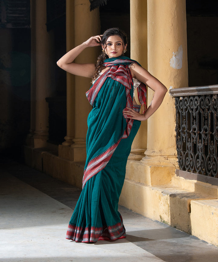 Rama green cotton stripes pallu handloom saree