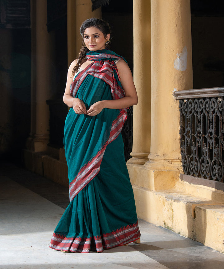 Rama green cotton stripes pallu handloom saree