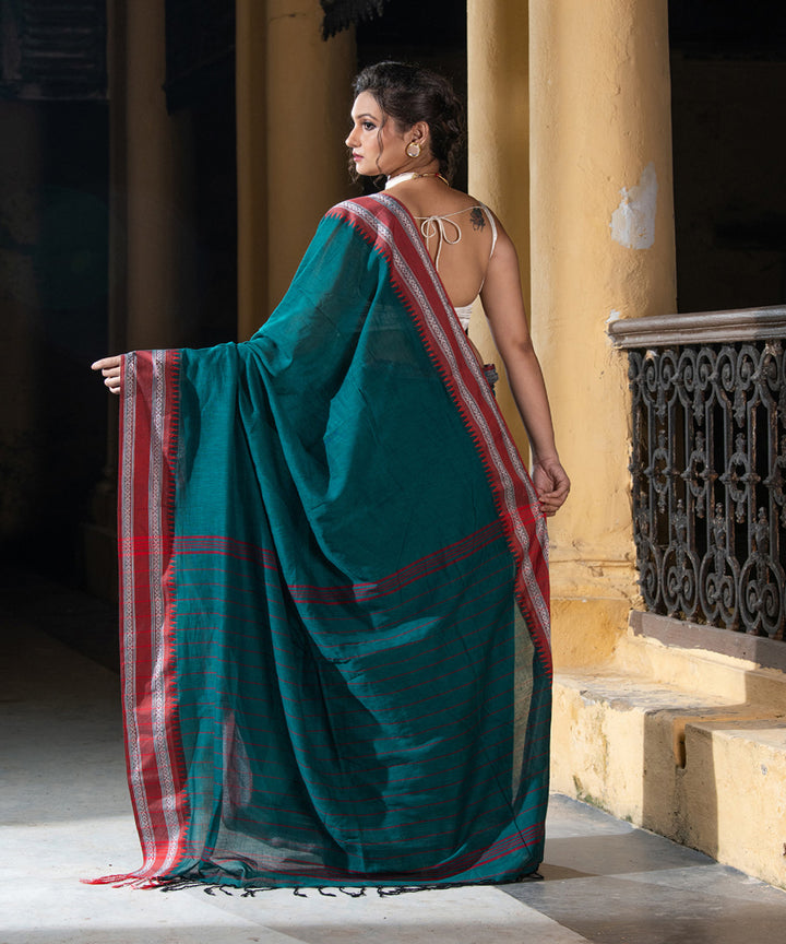 Rama green cotton stripes pallu handloom saree