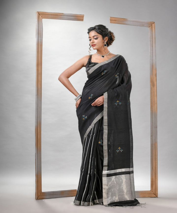 Black silk linen handloom bengal saree