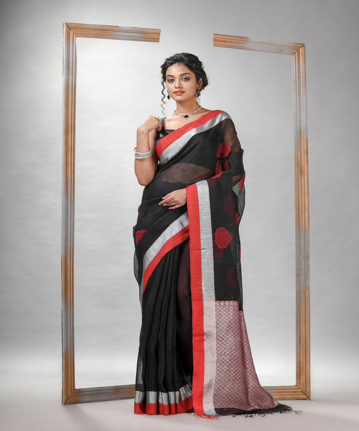 Black red silk linen handloom bengal saree
