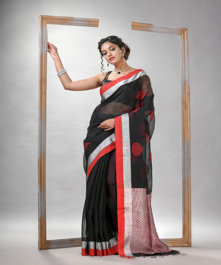 Black red silk linen handloom bengal saree