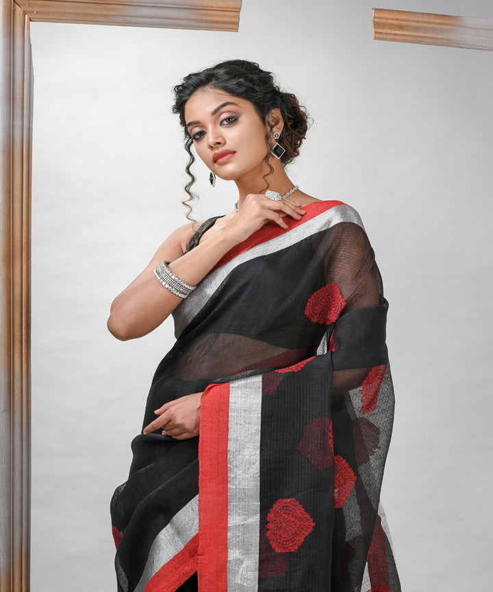 Black red silk linen handloom bengal saree