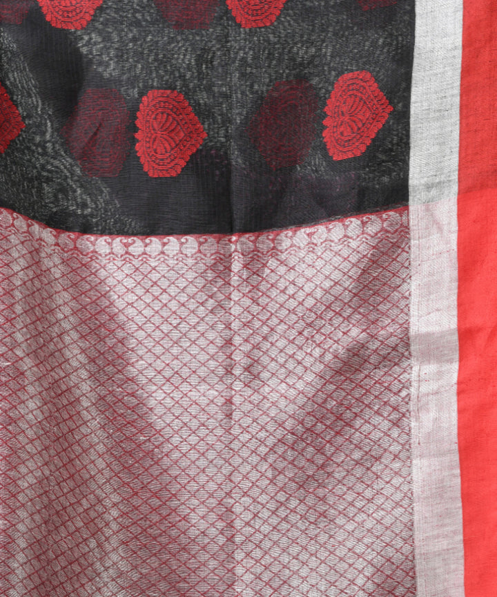 Black red silk linen handloom bengal saree