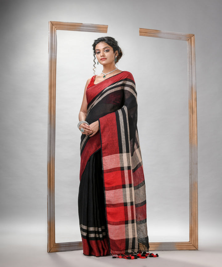 Black multicolour linen bengal handwoven saree