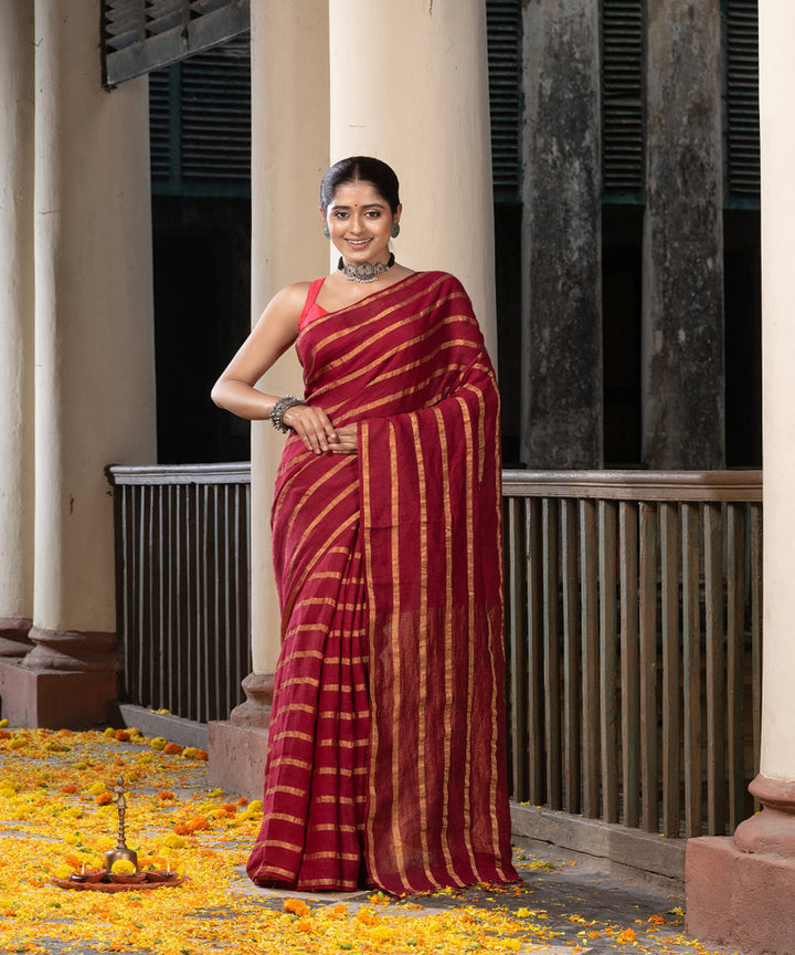 Maroon linen zari stripes handloom bengal saree