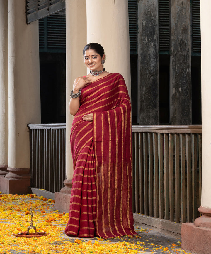 Maroon linen zari stripes handloom bengal saree