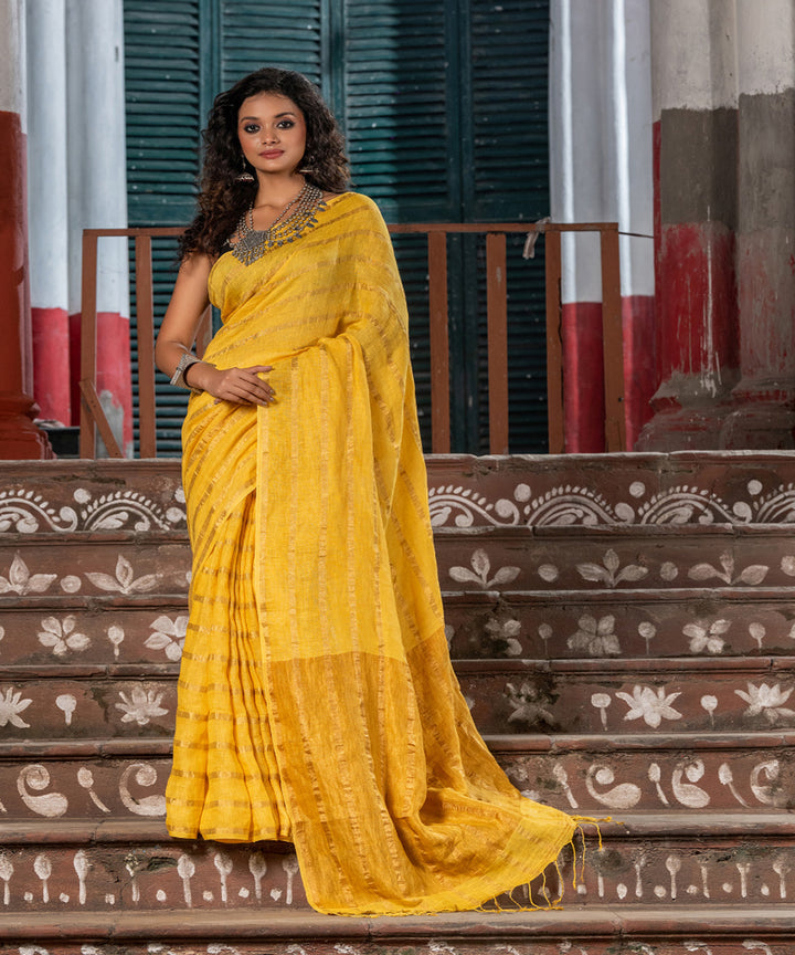 Yellow linen zari stripes handloom bengal saree