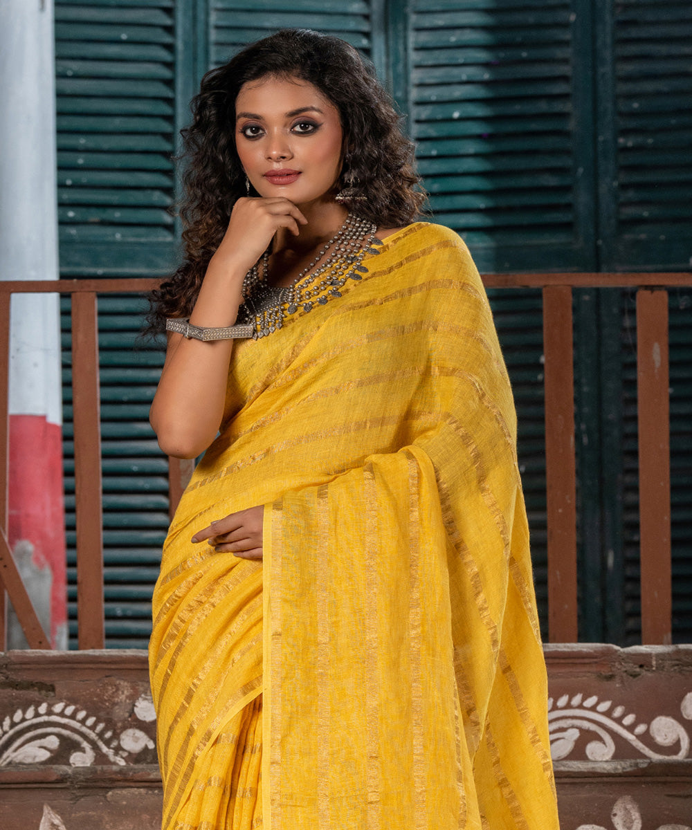 Yellow linen zari stripes handloom bengal saree