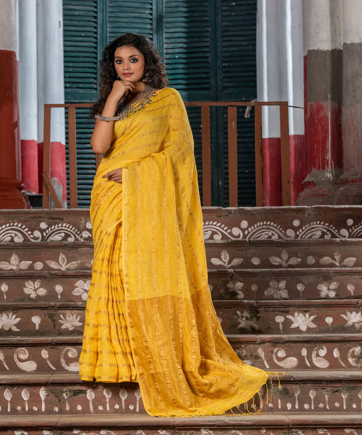 Yellow linen zari stripes handloom bengal saree