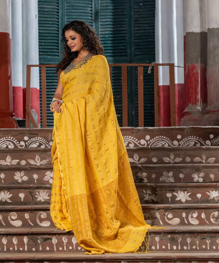Yellow linen zari stripes handloom bengal saree