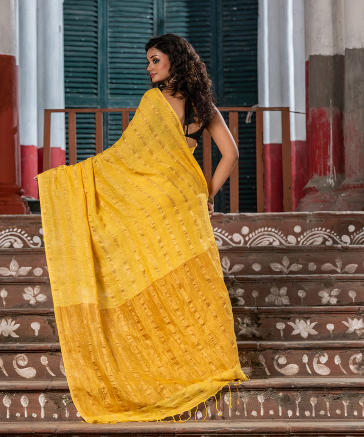 Yellow linen zari stripes handloom bengal saree