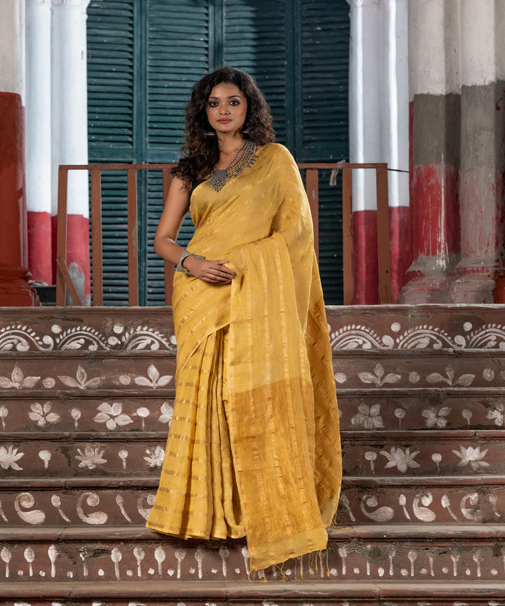 Egg nog linen zari handloom bengal saree