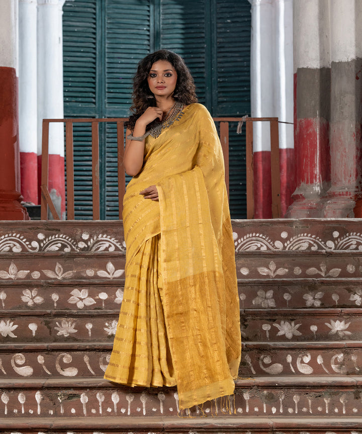Egg nog linen zari handloom bengal saree