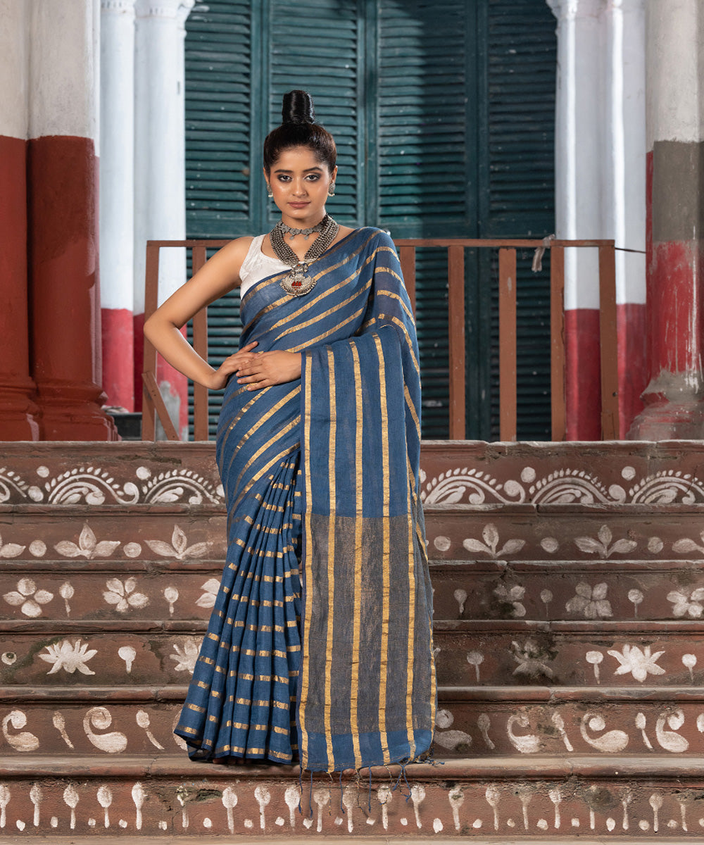 Voilet blue linen zari stripes handloom bengal saree