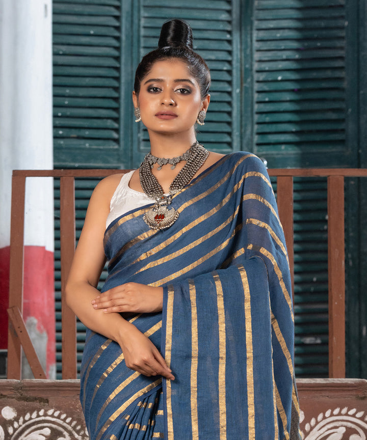 Voilet blue linen zari stripes handloom bengal saree