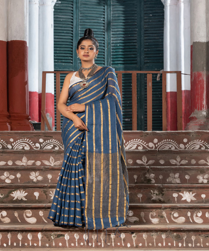Voilet blue linen zari stripes handloom bengal saree