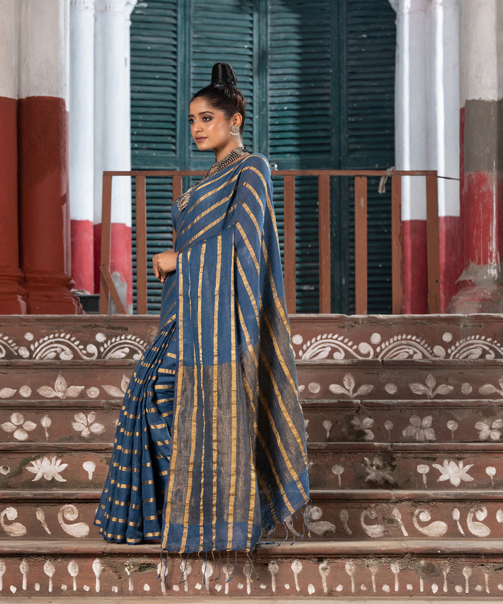 Voilet blue linen zari stripes handloom bengal saree