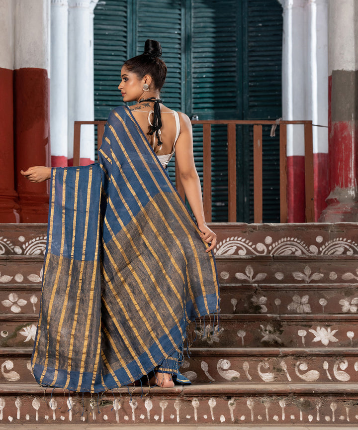 Voilet blue linen zari stripes handloom bengal saree