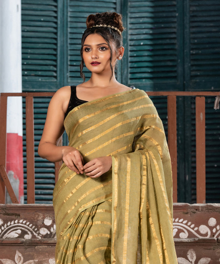 Moss green linen zari stripes handloom bengal saree