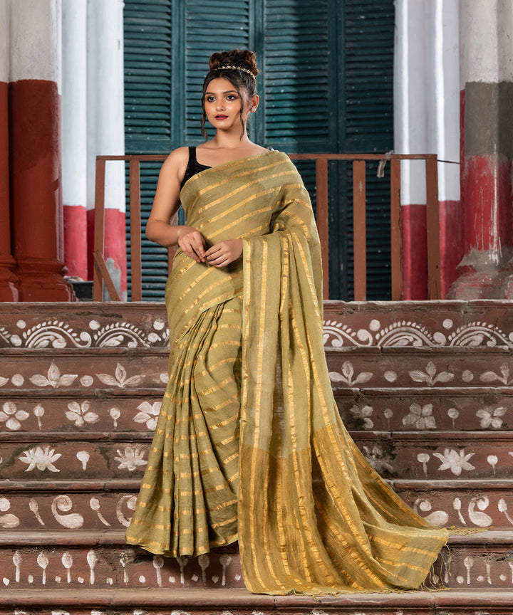 Moss green linen zari stripes handloom bengal saree