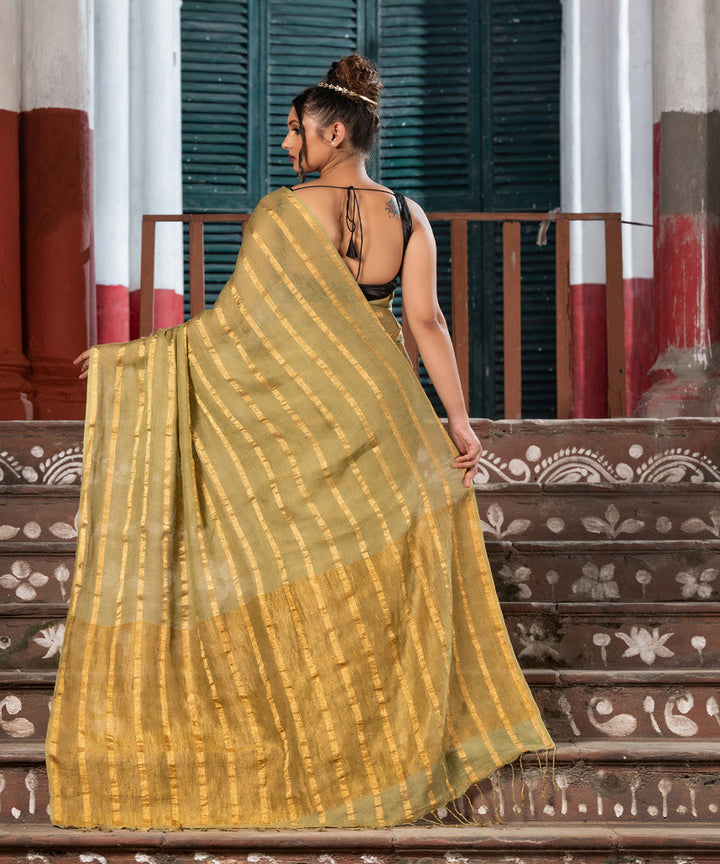Moss green linen zari stripes handloom bengal saree
