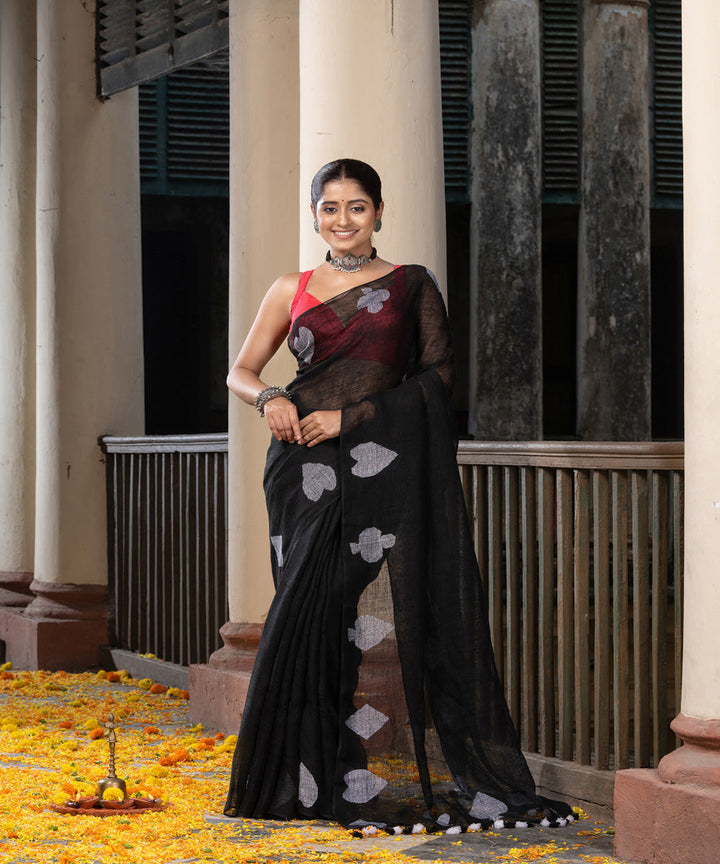 Black white linen handwoven bengal saree