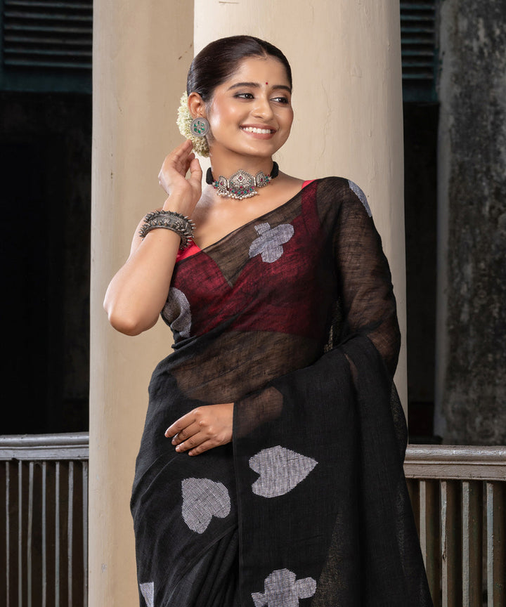 Black white linen handwoven bengal saree