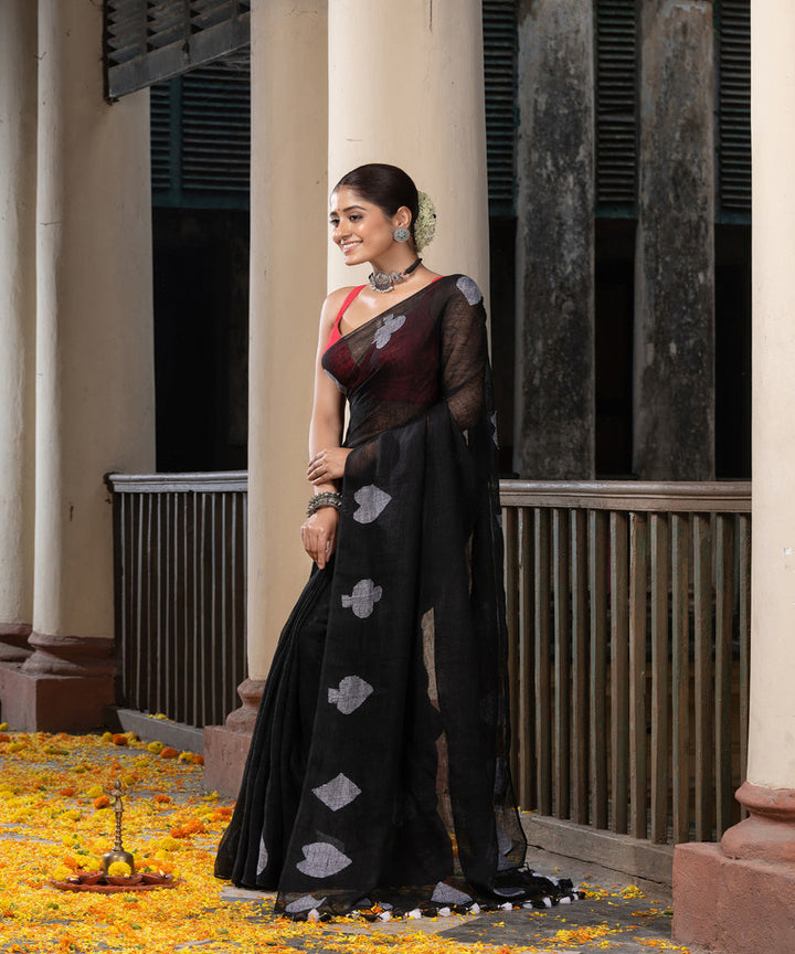 Black white linen handwoven bengal saree