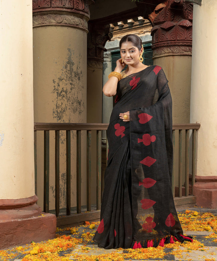 Black red linen handwoven bengal saree