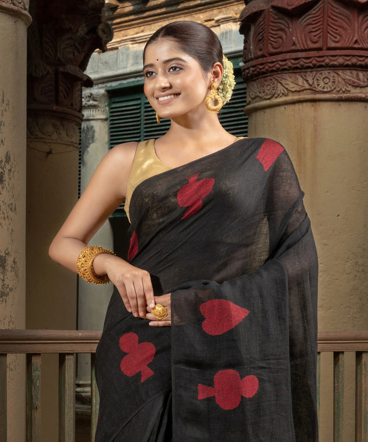 Black red linen handwoven bengal saree