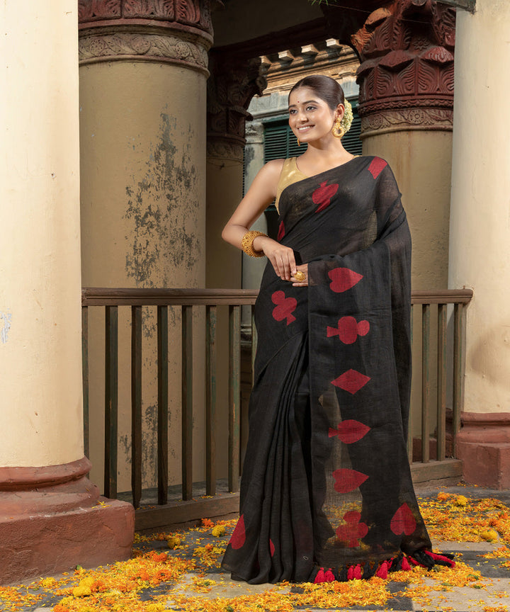 Black red linen handwoven bengal saree