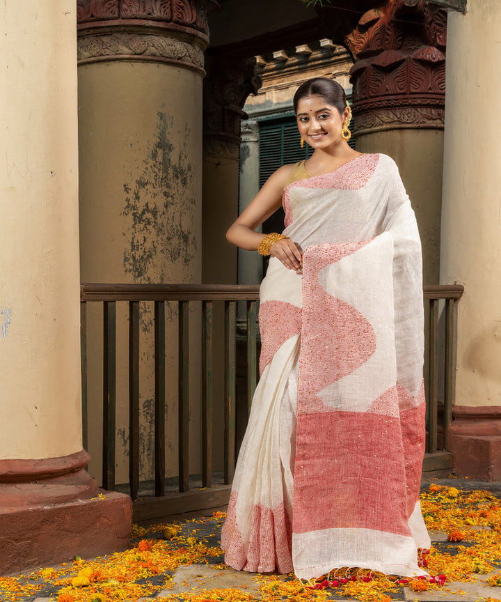 White red linen sequin handloom bengal saree