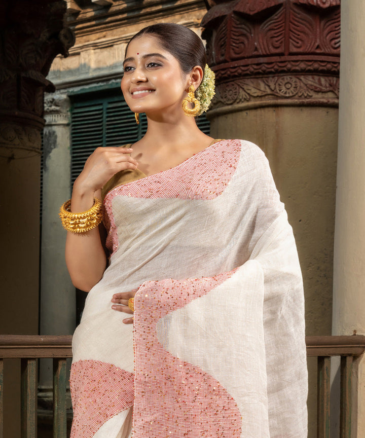 White red linen sequin handloom bengal saree